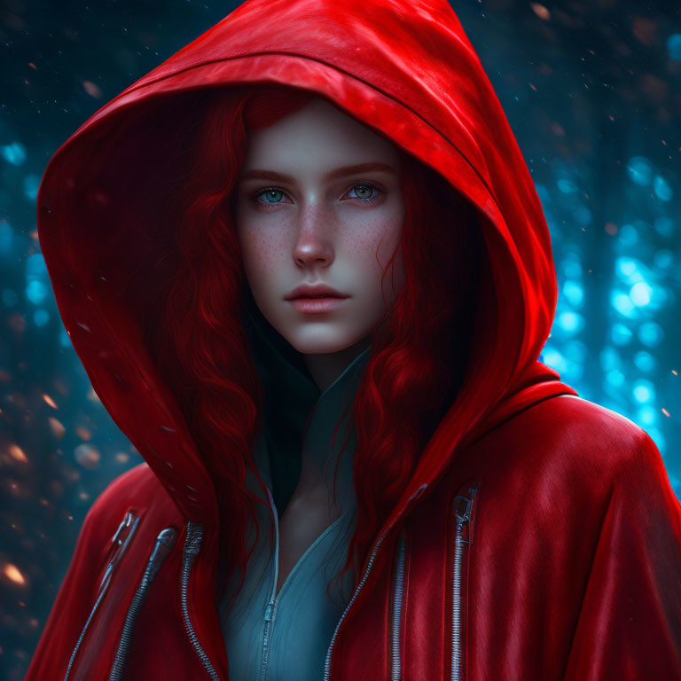 Vibrant red-haired woman in red hood against mystical blue background