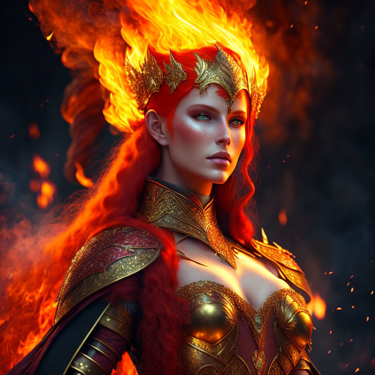 Red-haired woman in golden armor and fiery crown amidst flames