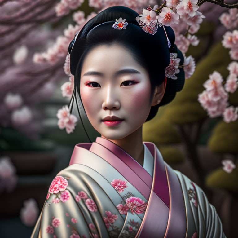 Traditional Japanese attire woman with floral hair accessory in cherry blossom setting