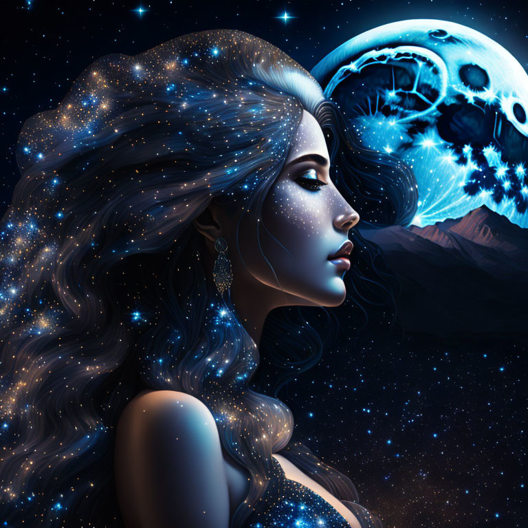 Digital artwork of woman with star-infused hair in cosmic setting with moon featuring brain-like pattern