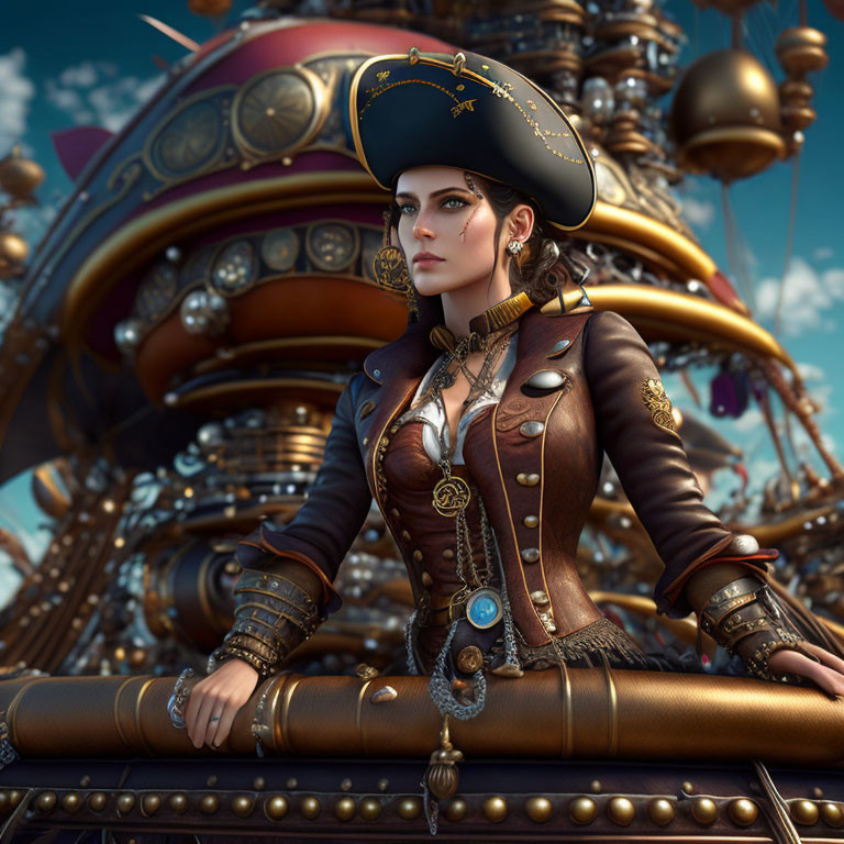 Female pirate captain in tricorn hat with ornate brown leather jacket before steampunk airship