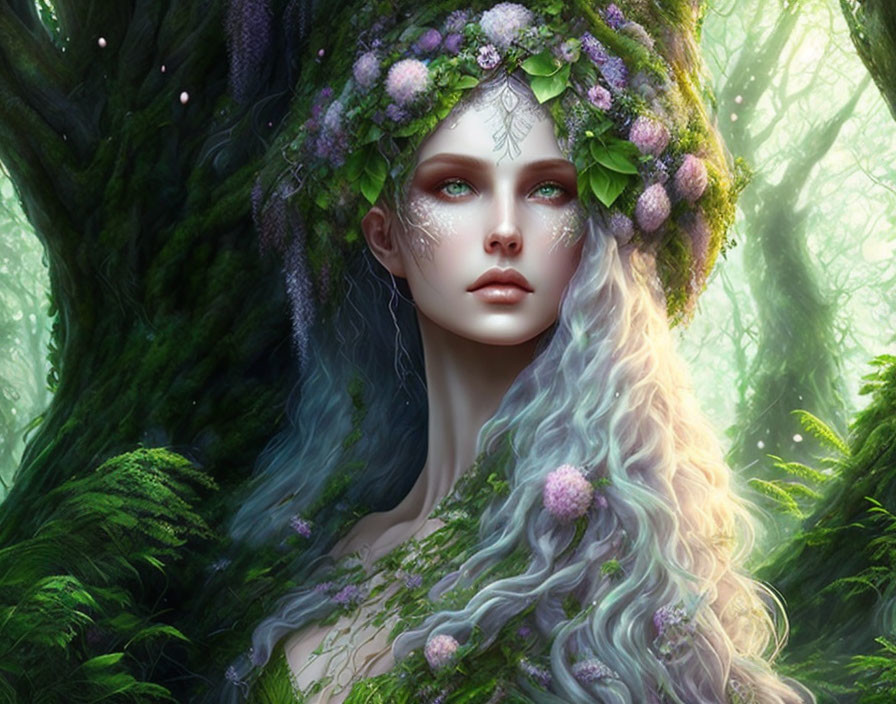 Ethereal figure with floral crown in mystical forest