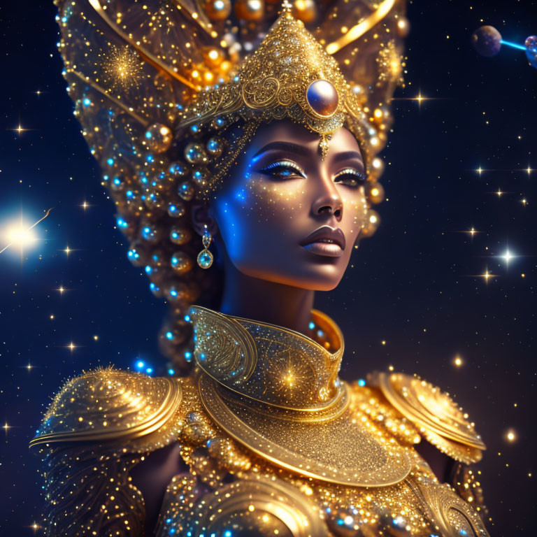 Regal figure in golden armor under starry sky