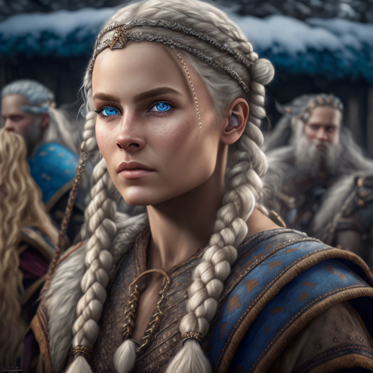 Fantasy female character with blue eyes and braided hair in winter scene