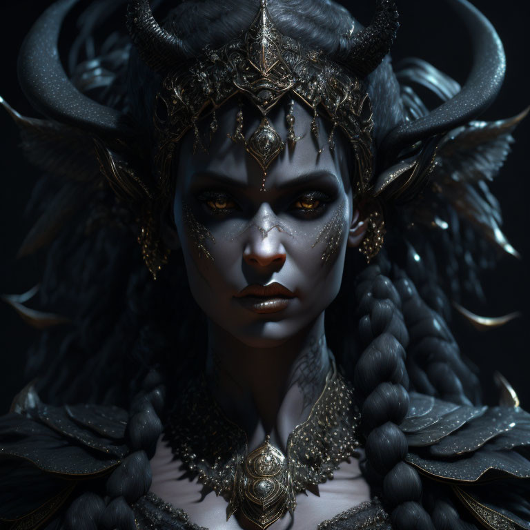 Fantasy portrait of female character with dark horns, gold headpiece, ornate armor