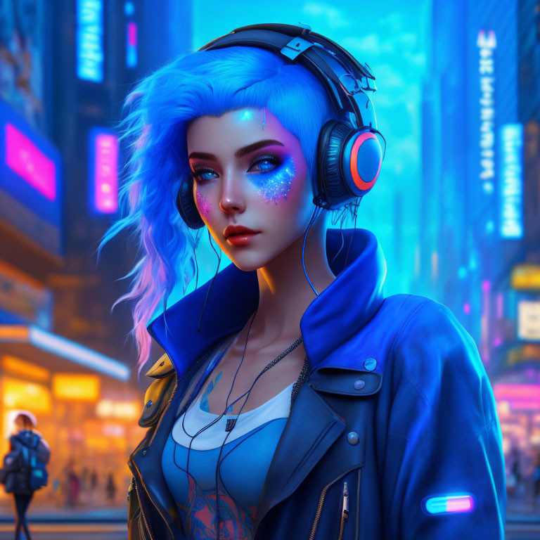 Futuristic digital artwork: Woman with blue hair in neon cityscape