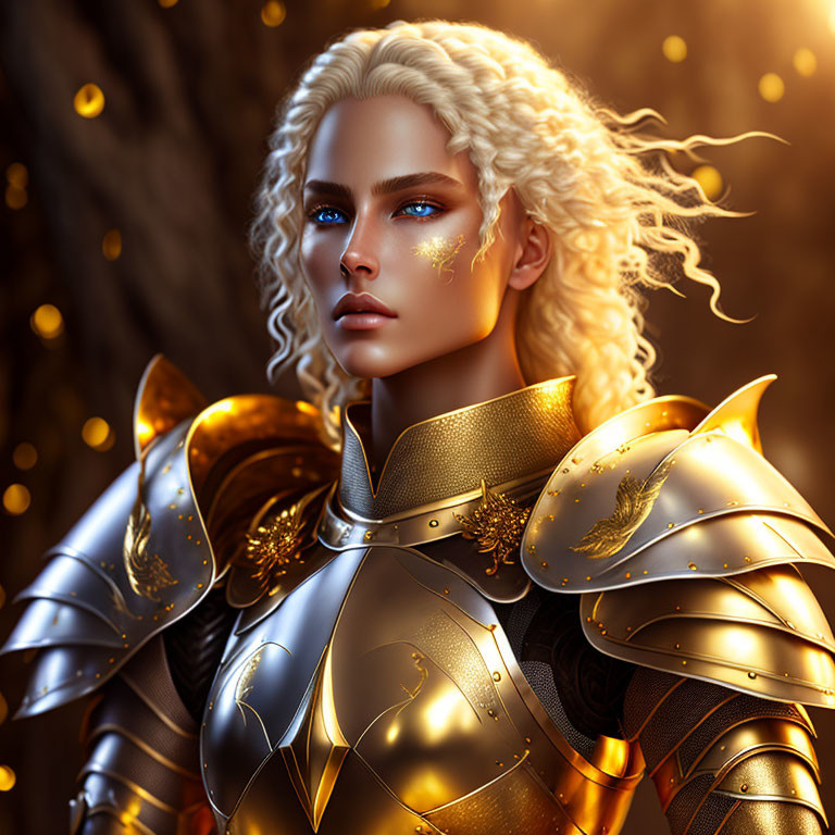 Blond-haired individual in ornate golden armor exuding nobility