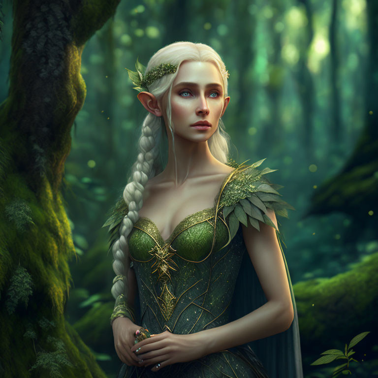 Pale-skinned elf with braided hair in leafy attire and circlet in forest.