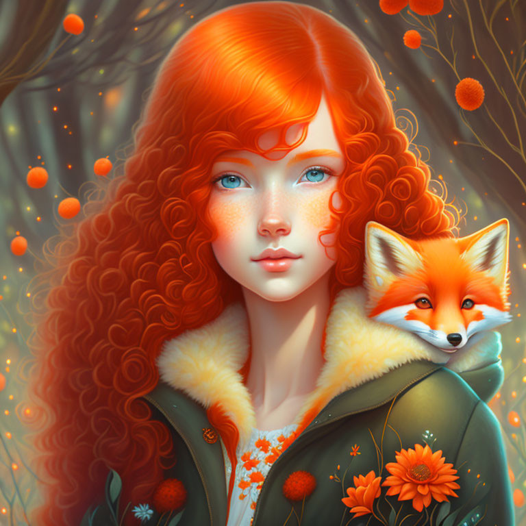 Digital artwork featuring girl with red hair and fox in mystical scene