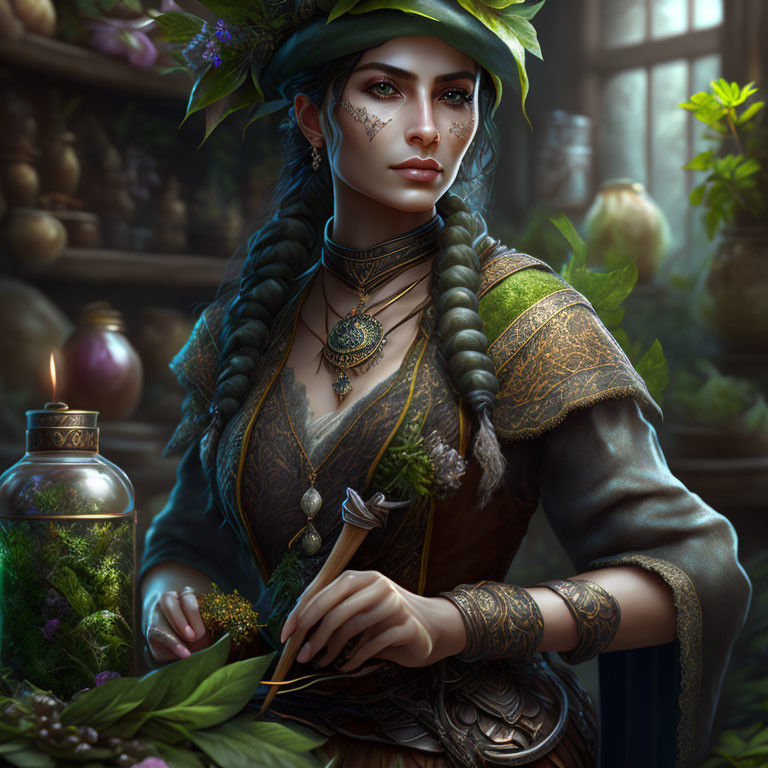 Fantasy artwork: Woman with green hair braids crafting potions in herbalist's workshop