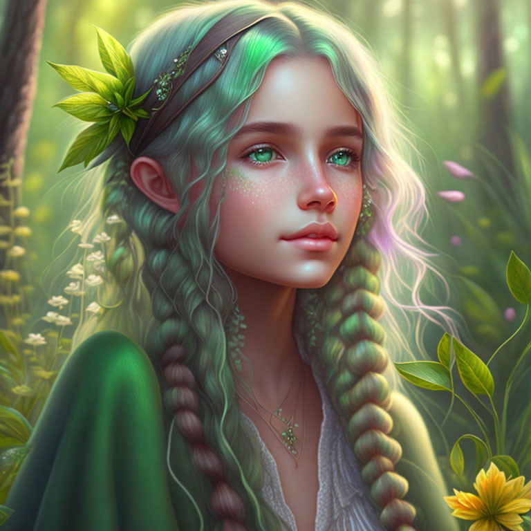 Ethereal green-haired girl with braids in forest setting