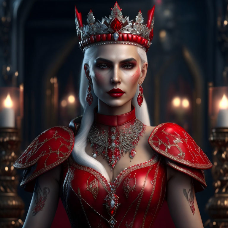 Platinum blonde woman in red and gold armor gown with crown in candlelit room