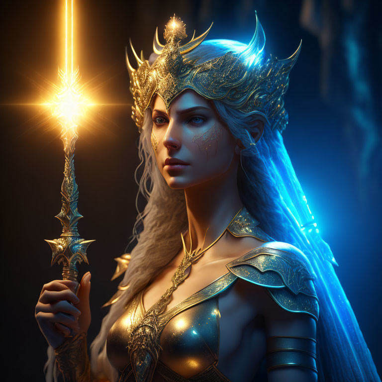 Elaborate armor and crown on majestic female fantasy character