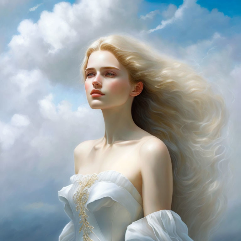 Blonde Woman in White Dress Against Blue Sky