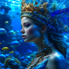 Underwater portrait of woman with crown, fish, marine motifs.