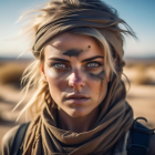 Woman with blue eyes and headscarf in desert setting.