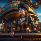 Female pirate captain in tricorn hat with ornate brown leather jacket before steampunk airship