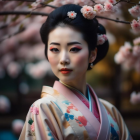 Traditional Japanese attire woman with floral hair accessory in cherry blossom setting