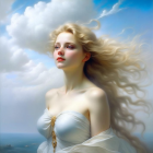 Blonde Woman in White Dress Against Blue Sky