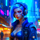 Futuristic digital artwork: Woman with blue hair in neon cityscape