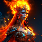 Red-haired woman in golden armor and fiery crown amidst flames