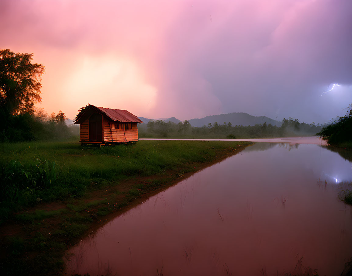 Wooden hut by reflective water under purple-orange sky with lightning