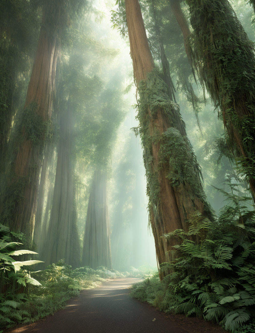 Lush misty forest with towering redwoods and fern-lined road