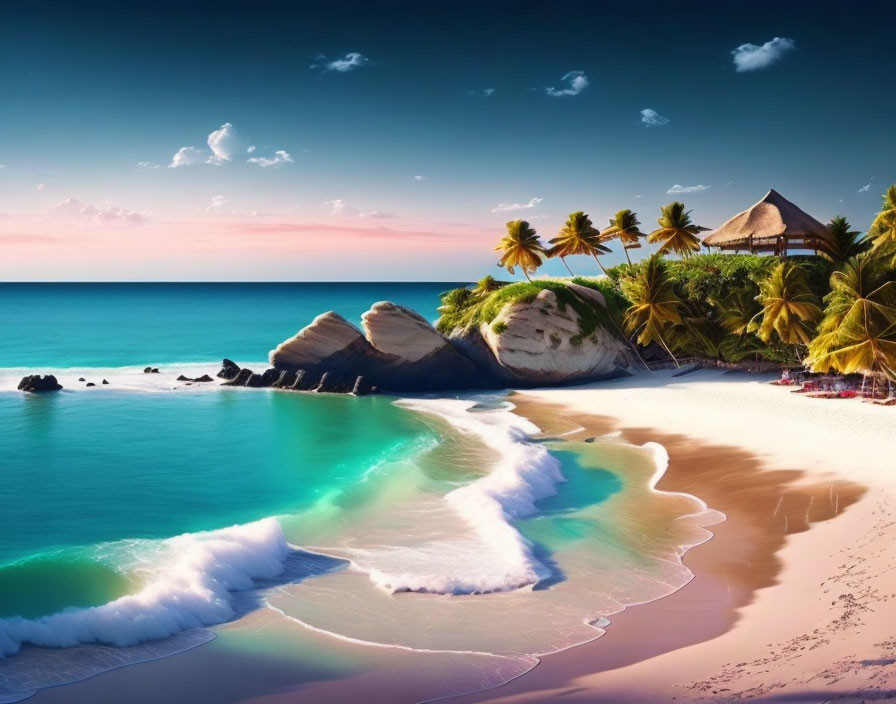 Scenic Tropical Beach with Palm Trees and Hut