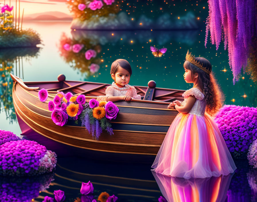 Children in fantasy setting with vibrant flowers and butterfly at sunset