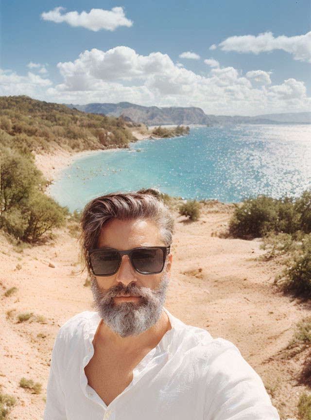 Bearded man in sunglasses on sunny beach