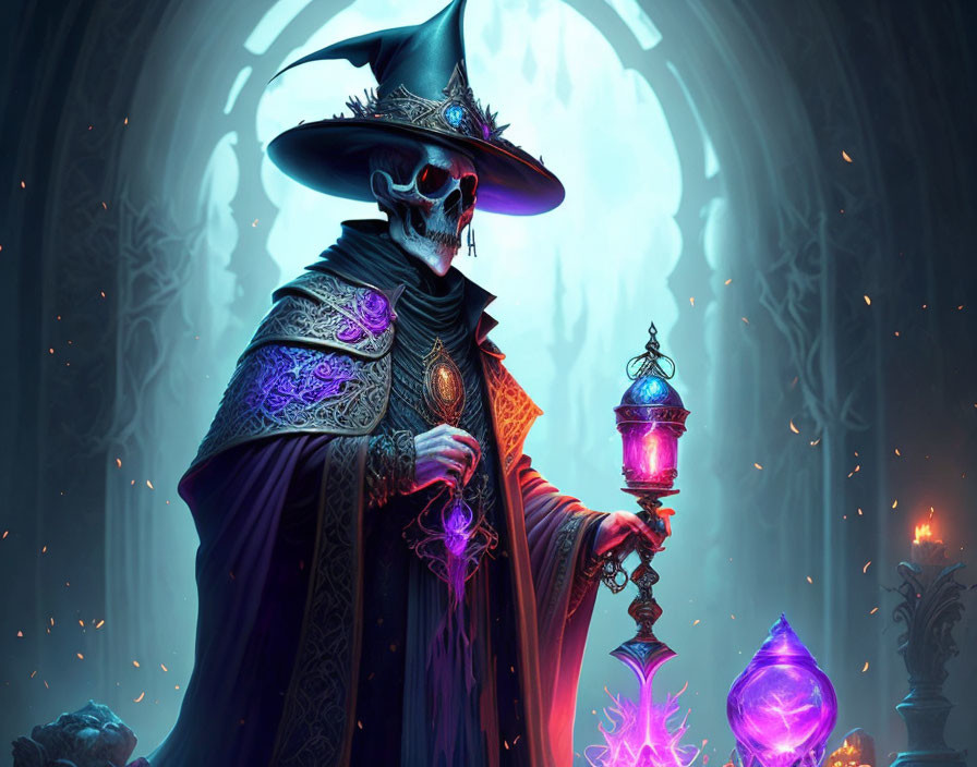 Skeleton in wizard's garb with mystical lantern in glowing, ornate setting