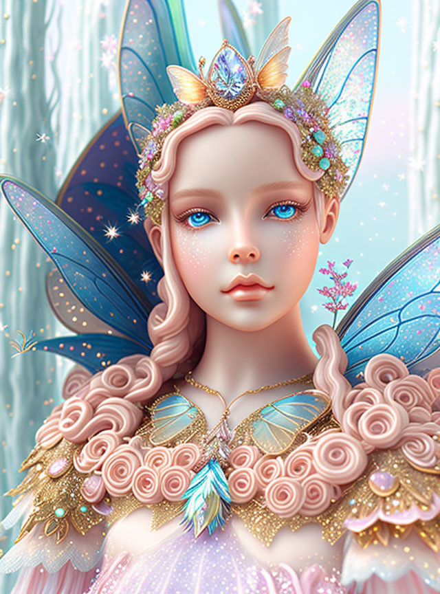 Illustrated fairy with blue eyes, translucent wings, floral crown, pink dress with gold and crystals on