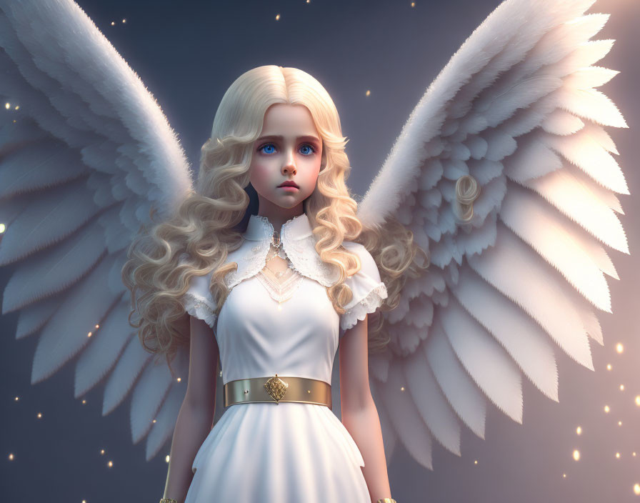 Blonde girl with angel wings in white dress and gold belt