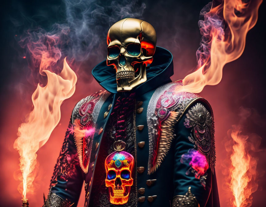 Skeleton mask person in golden skull mask with reflective sunglasses, pink-patterned jacket, surrounded by flames.