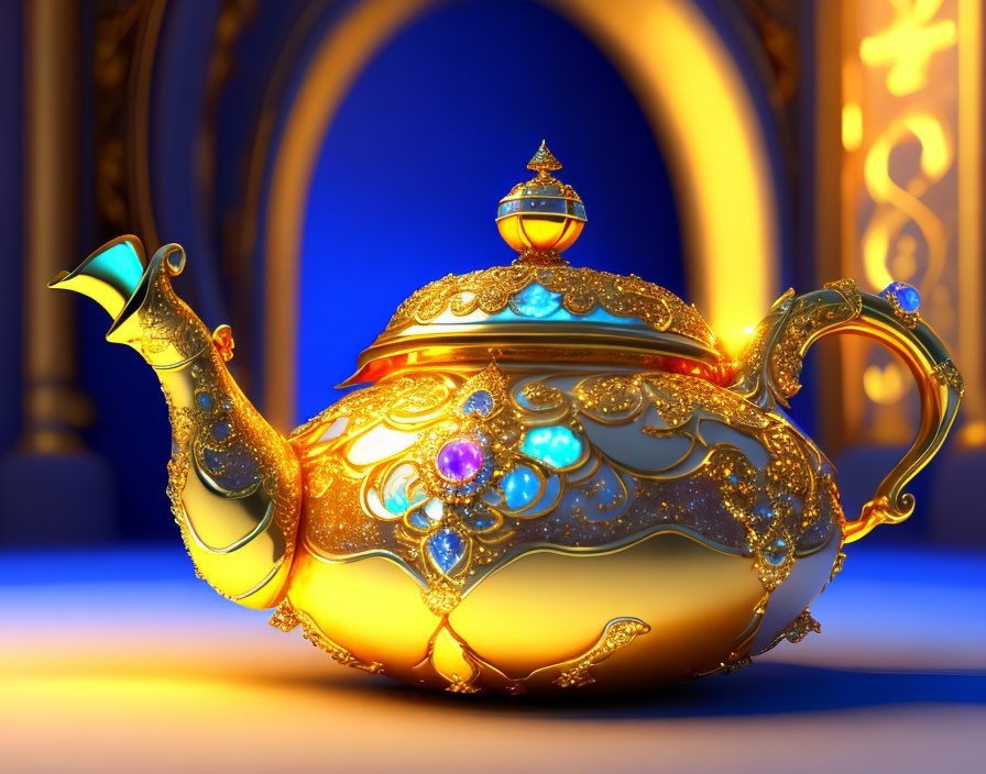 Golden teapot with intricate designs and jewels on blue background