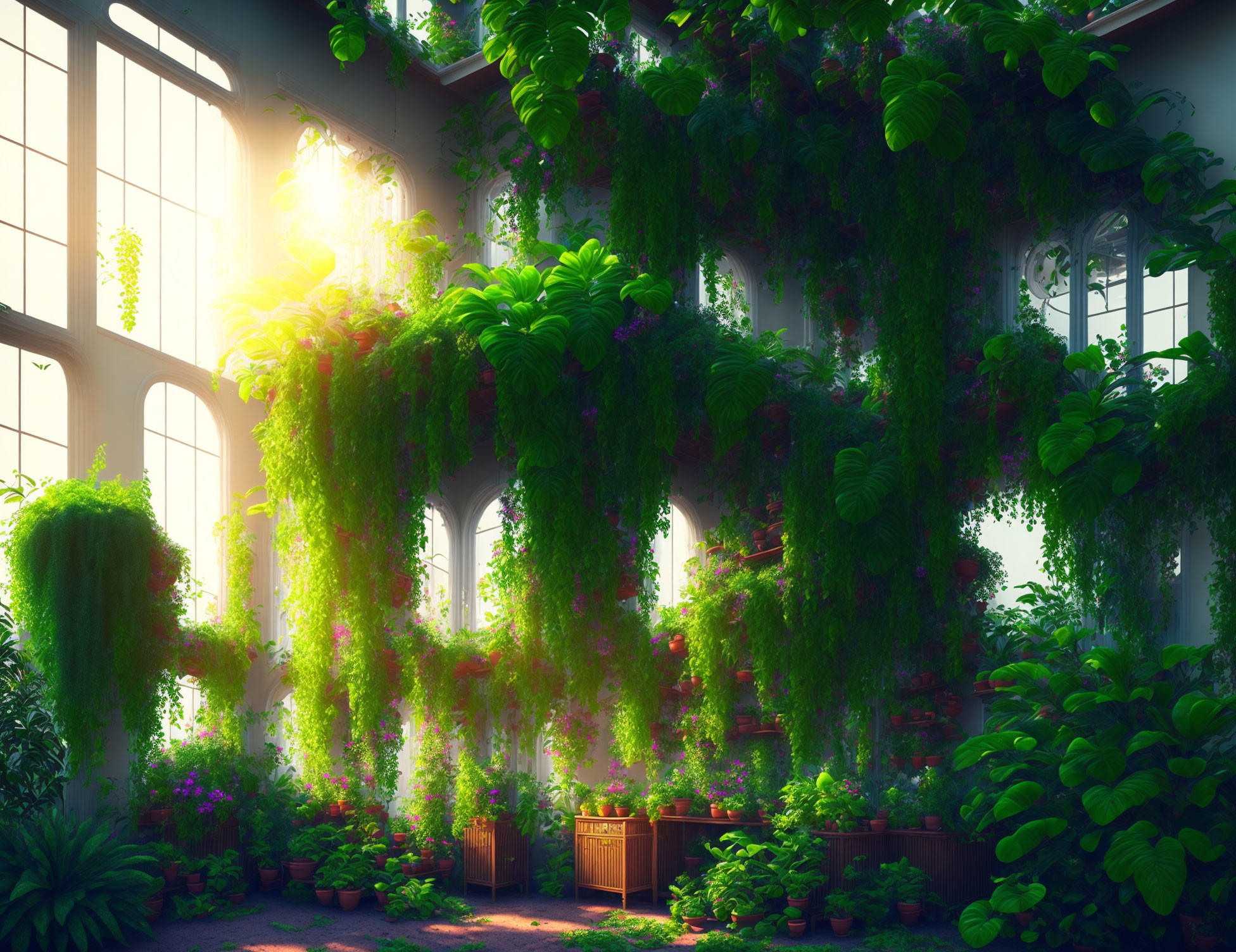 Indoor garden with arched windows and greenery in sunlight