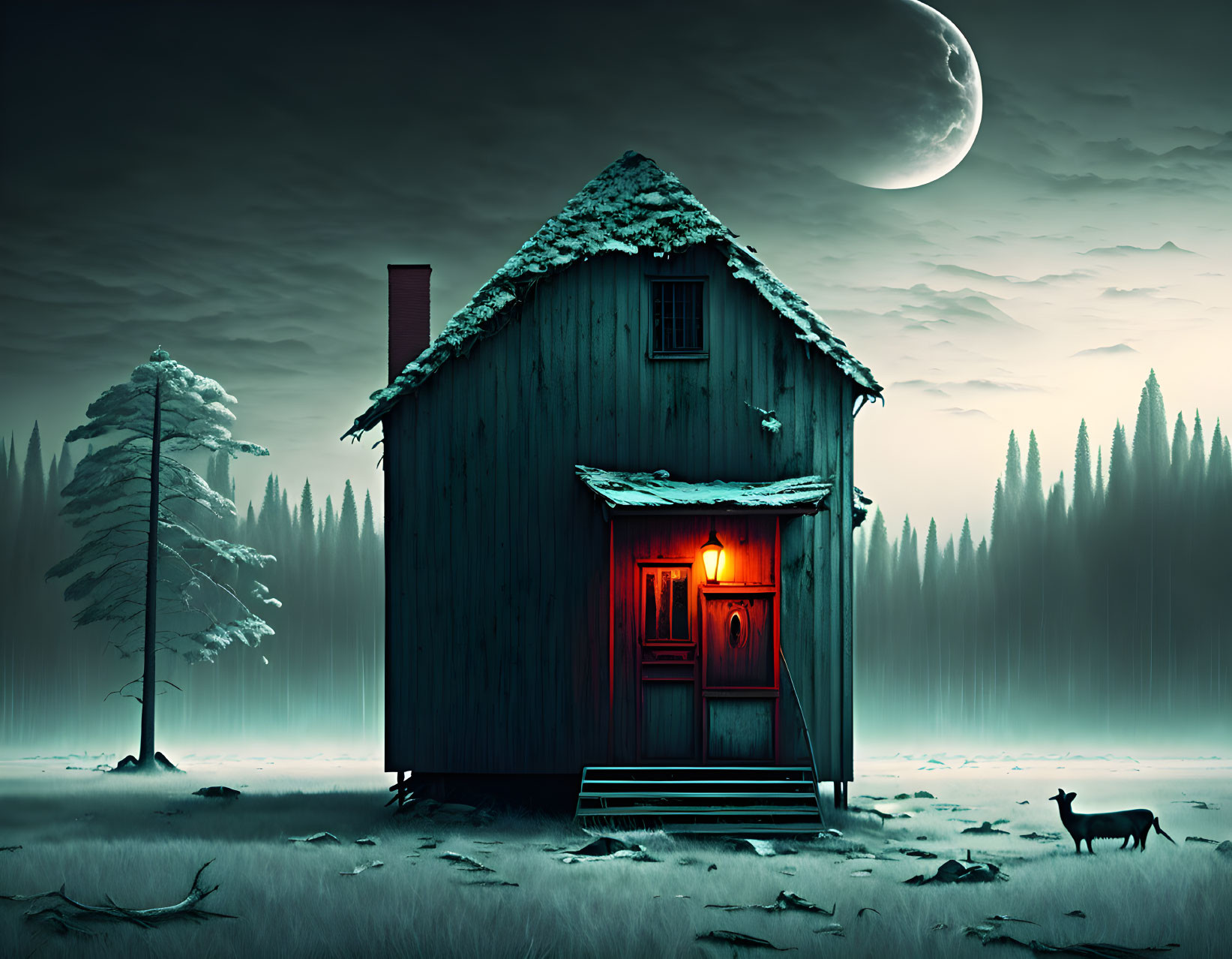 Moonlit wooden cabin with snowy roof, warm glow, lone tree, misty forest, and deer