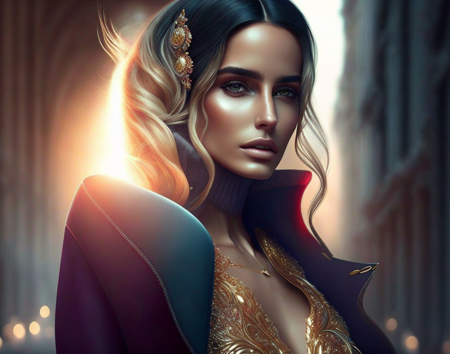 Illustrated woman with golden accessories and stylized outfit in atmospheric backdrop