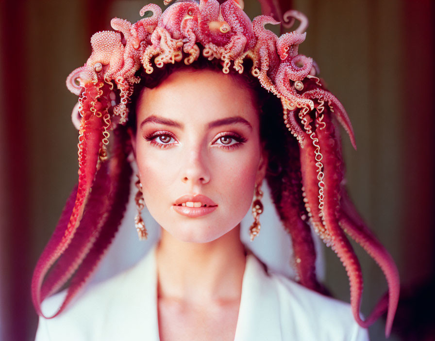 Woman with Pink Octopus Tentacle Headdress in White Garment