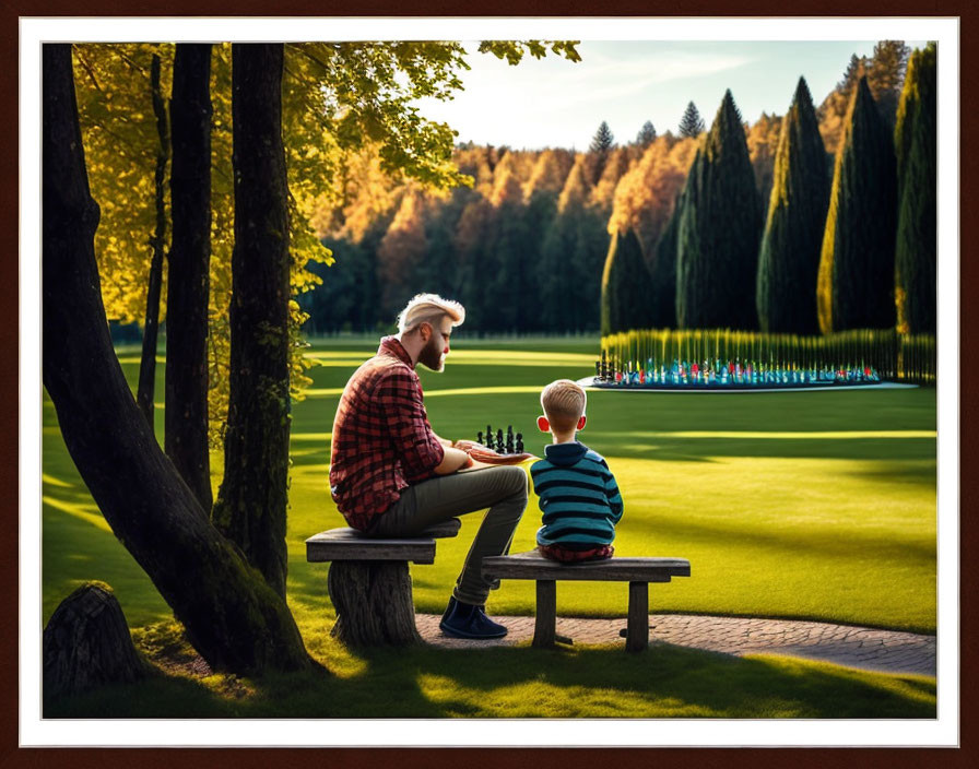 Man and child playing chess in lush park with tall trees and colorful flowerbed