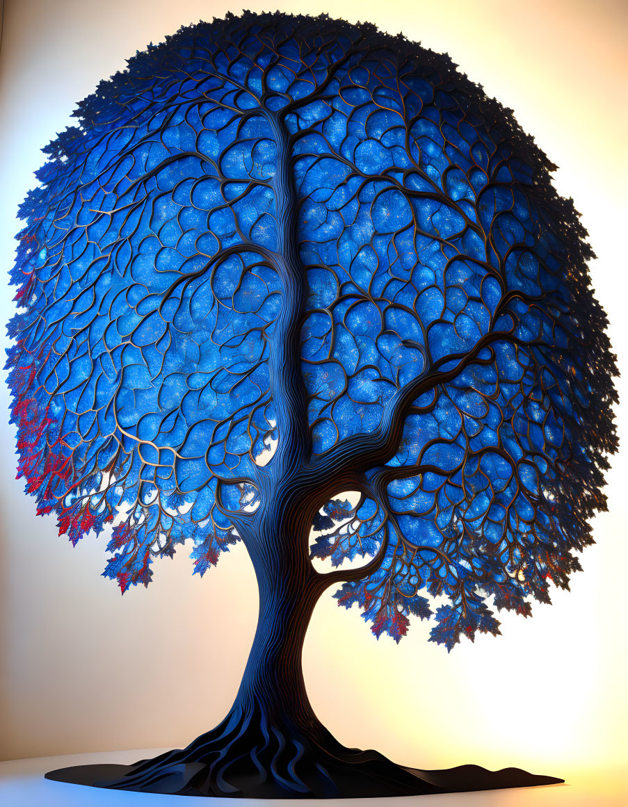 Vibrant blue tree digital artwork with detailed trunk and stylized leaves