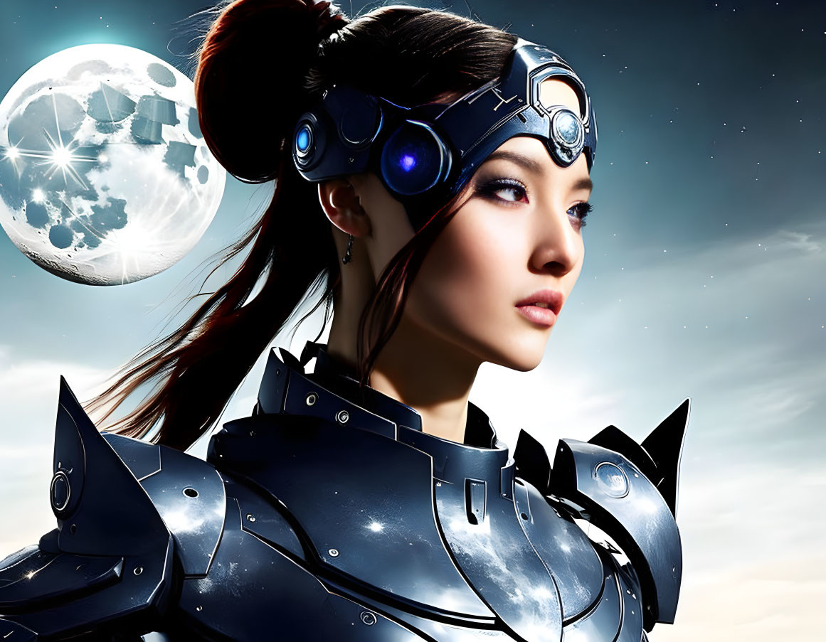 Futuristic armored woman with headpiece and goggles on moonlit backdrop