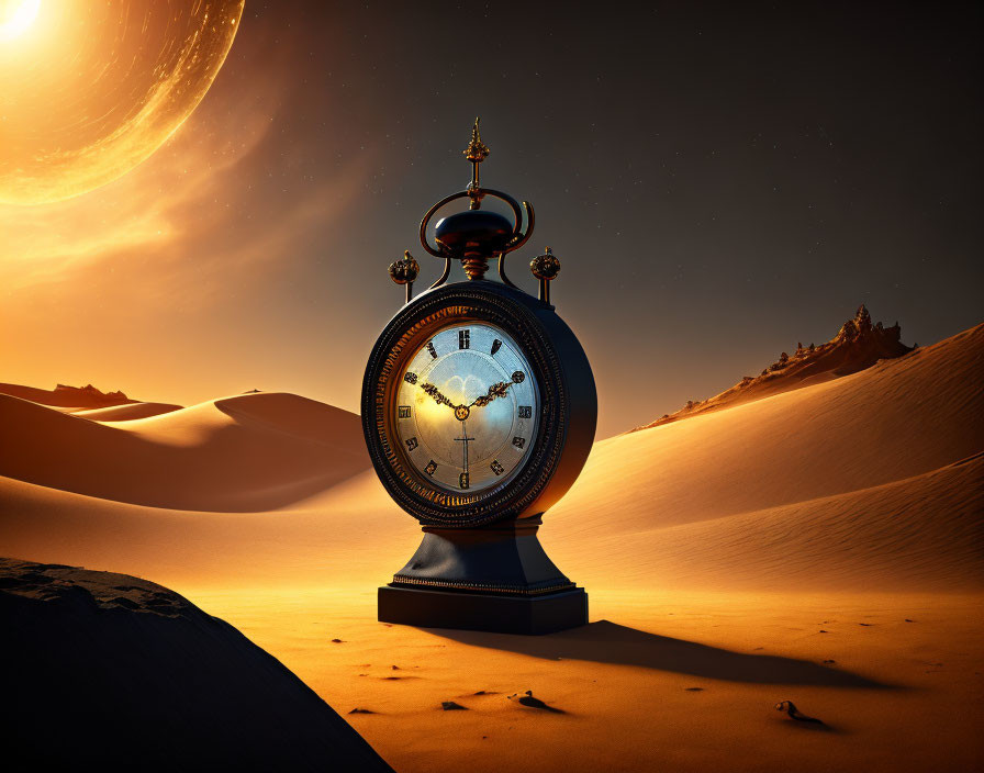 Vintage clock on desert dune under twilight sky with large planet