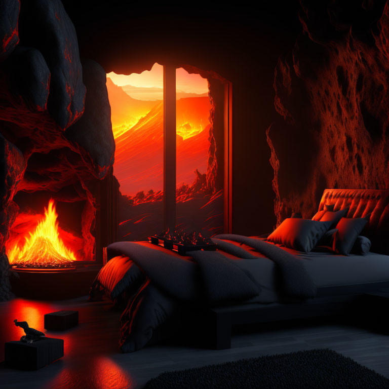 Modern bed and fireplace in bedroom with large window showcasing vivid red sunset over mountains