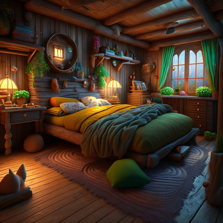 Rustic wooden bedroom with warm lighting, plush bed, round windows, and green plants