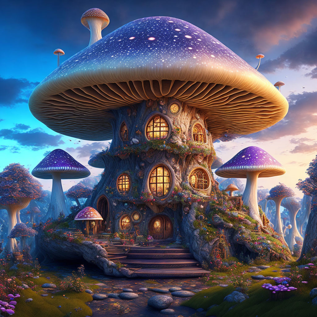 Mushroom-shaped house in enchanting forest at twilight