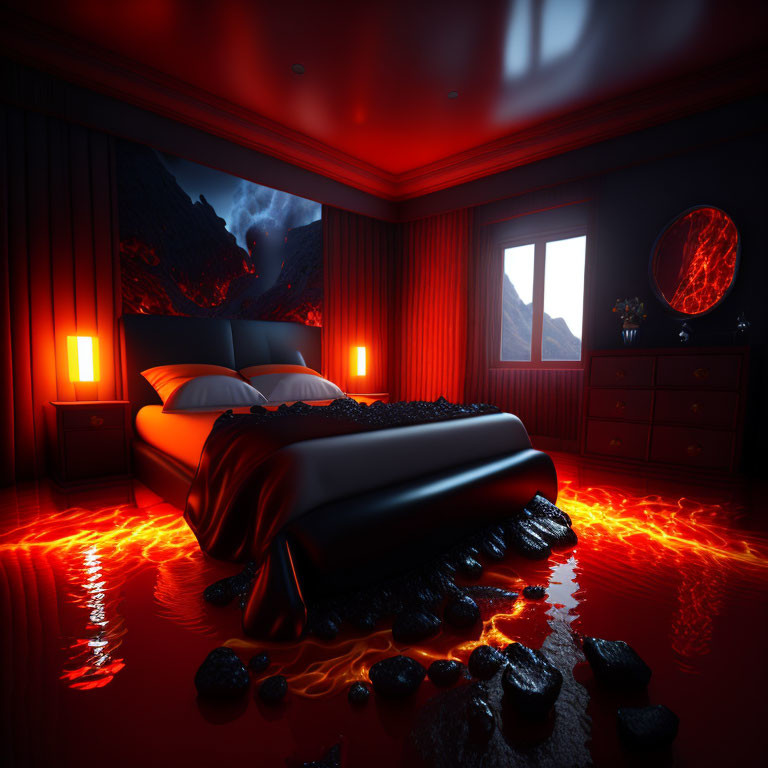 Bedroom with red lighting, lava bed, volcanic landscape view