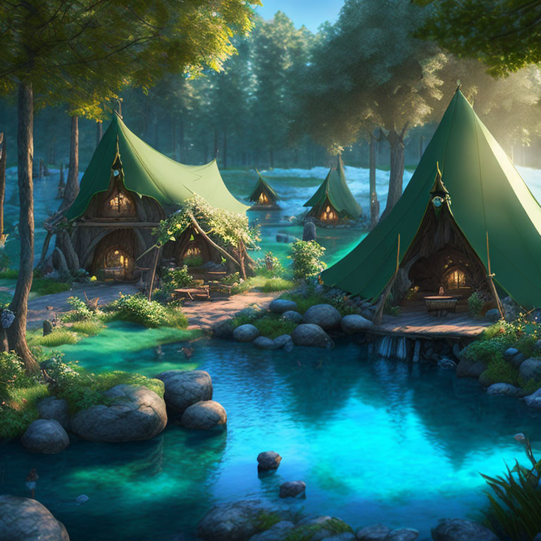 Tranquil Woodland Campsite by Glowing Turquoise River