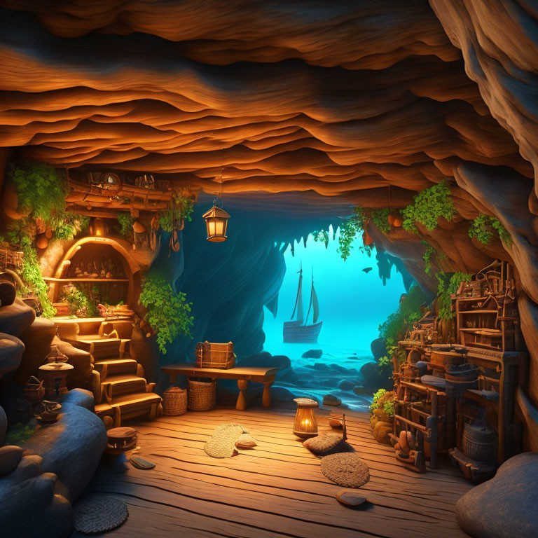 Warmly lit cave overlooking serene bay with sailboat, books, plants, and blue sea