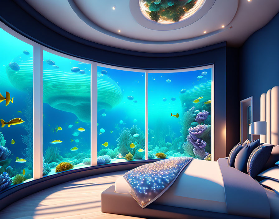 Futuristic bedroom with large underwater panoramic window